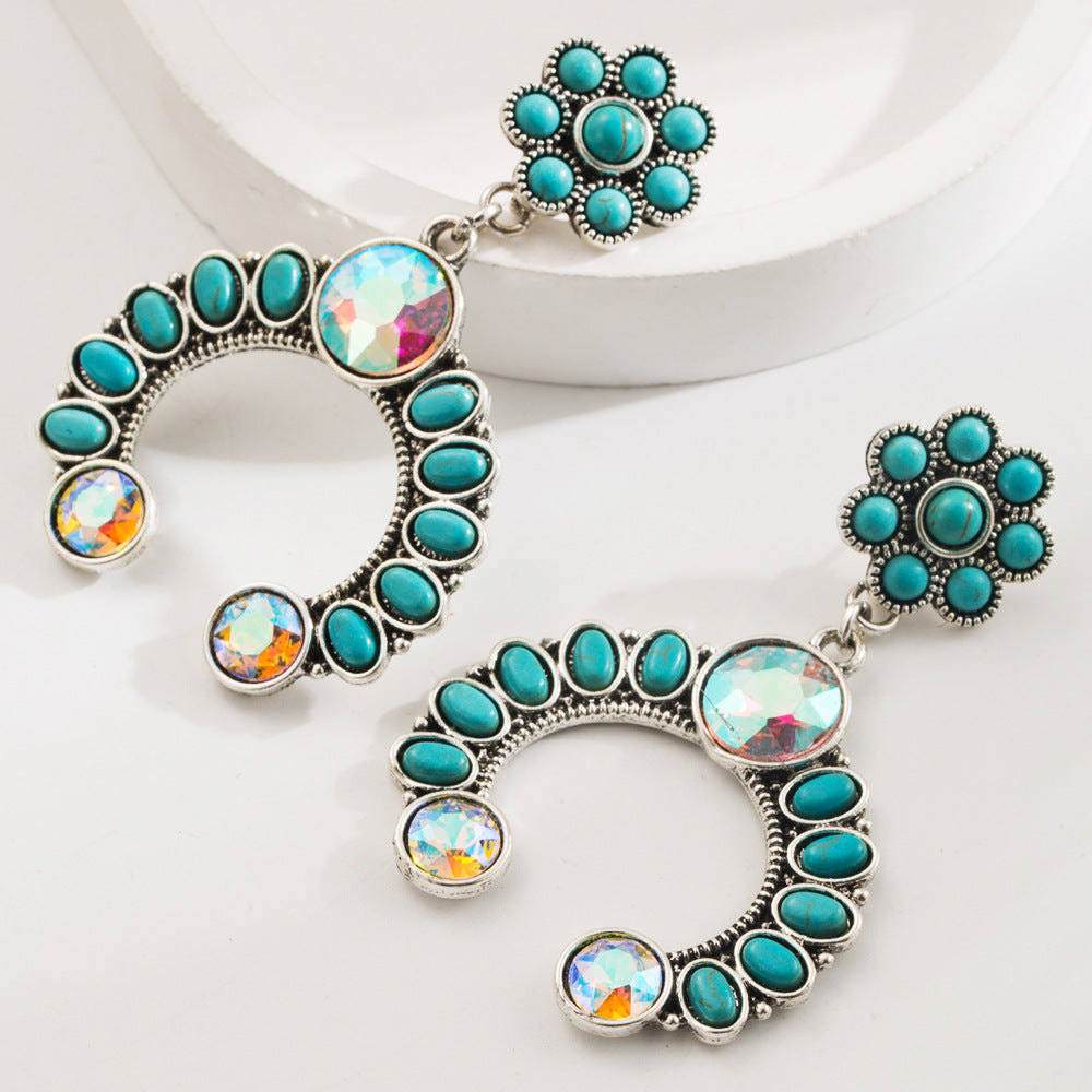 Wholesale Fashion Retro Turquoise Earrings High-end Bohemian Leopard Leather Exaggerated Earrings